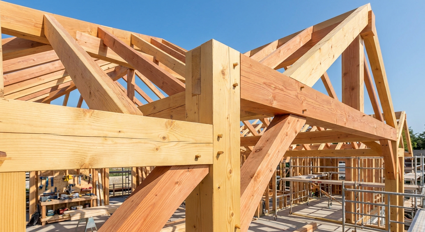 charpente en bois de sapin et douglas sur un chantier de construction neuve