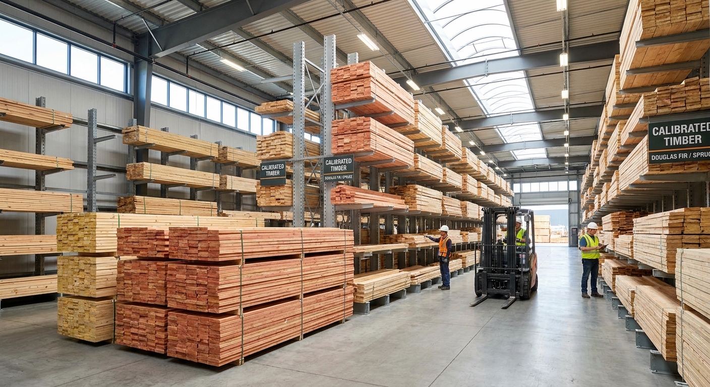 pièces de bois douglas et épicéa calibrées en stock dans un entrepôt de négoce de matériaux